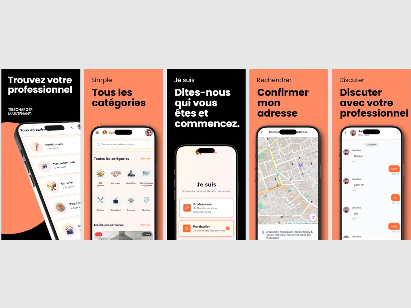 Aperçu des écrans de l'application JackPro : catégories, profil, adresse et messagerie