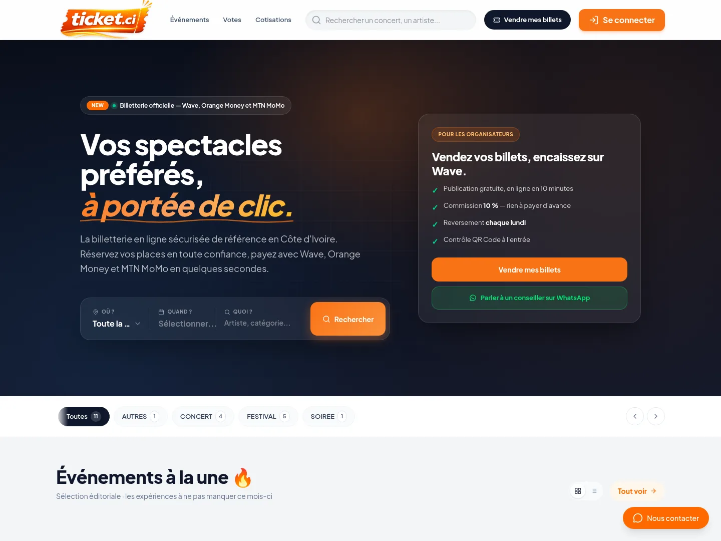 Aperçu de la page d'accueil de Ticket.ci